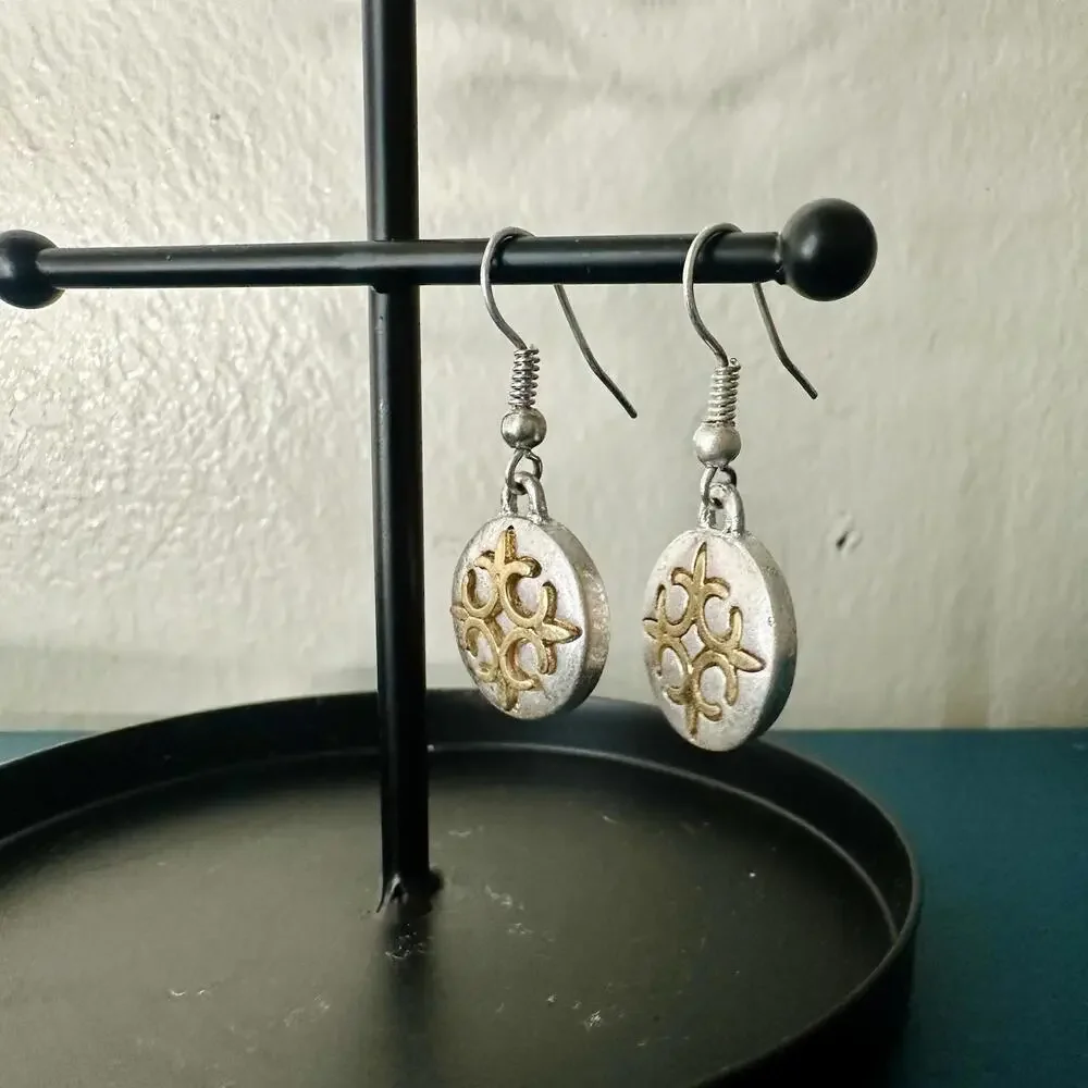 Open Cross Mismatched (Raised, Inlaid) Drop Silver- Gold-Tone Earrings - Picture 2 of 6